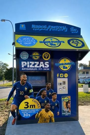 Distributeur Napoli Factory Box bleu et jaune au parking Pneu Service 118 à Moissac