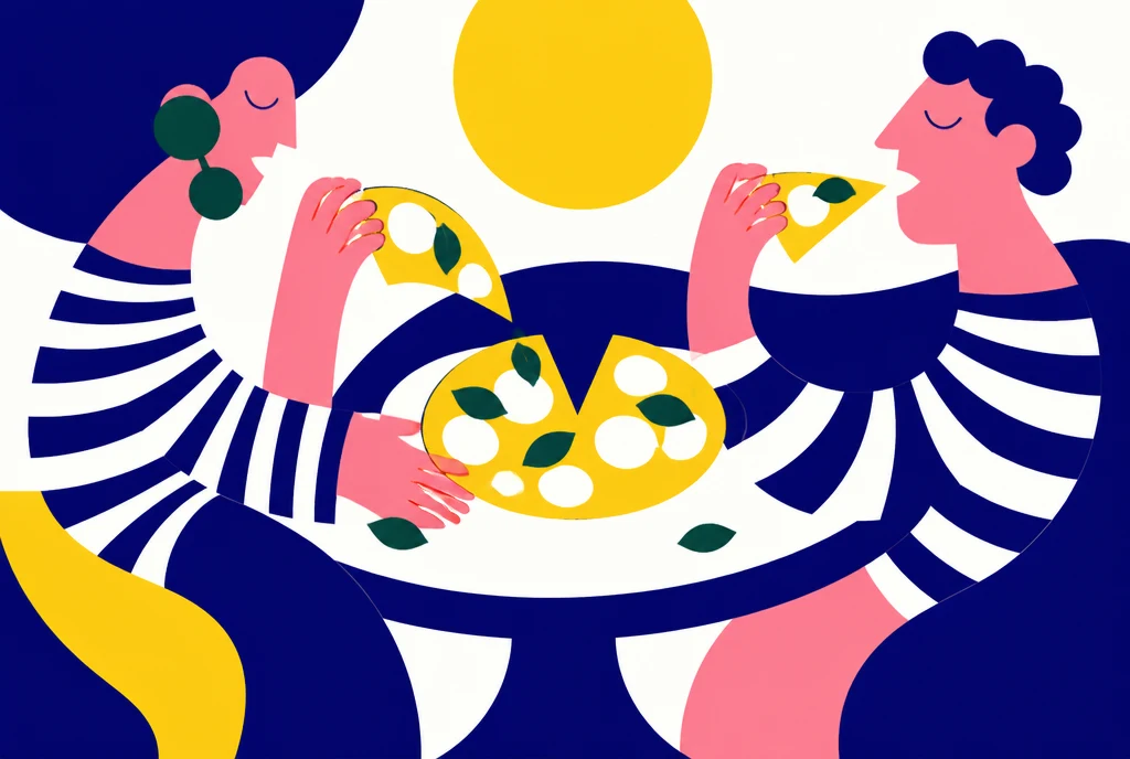 Illustration colorée de deux amis partageant une pizza