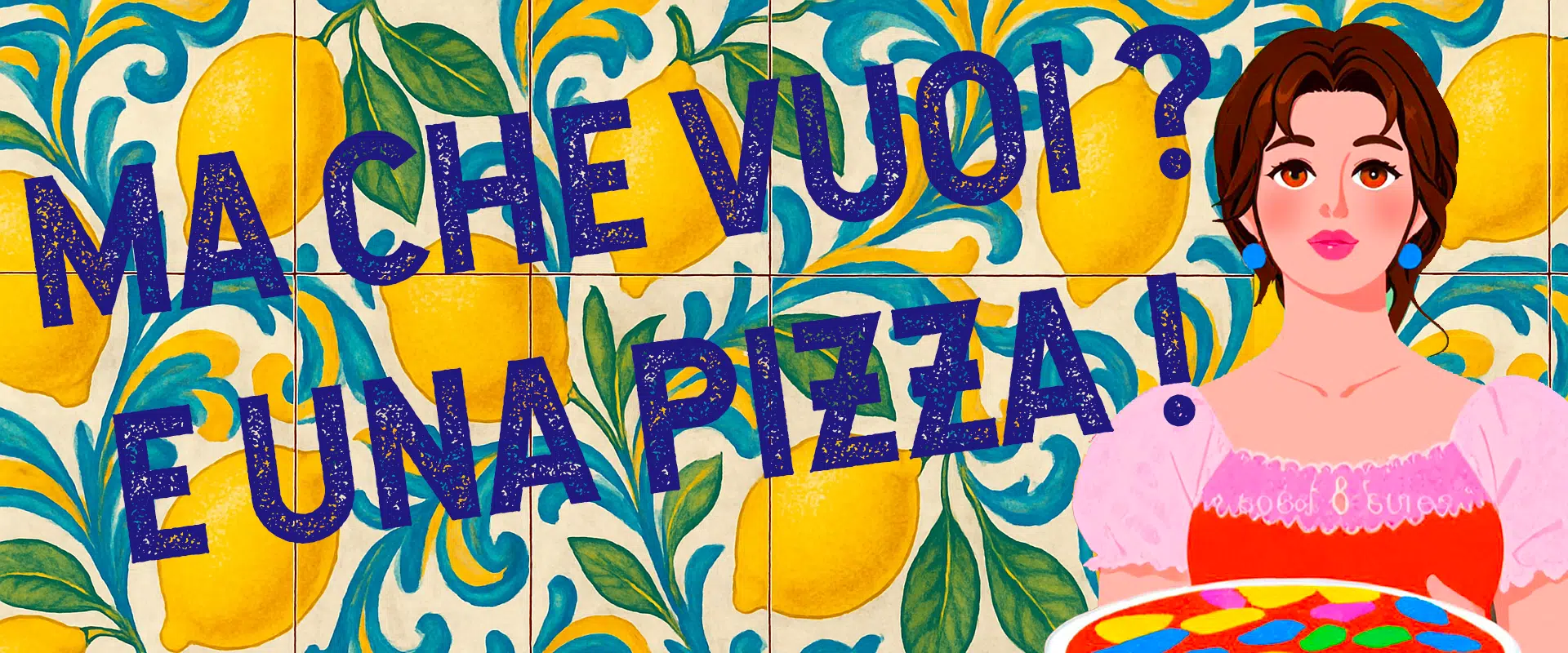Illustration Napoli Factory : une femme, une pizza et les couleurs bleu et jaune de la maison