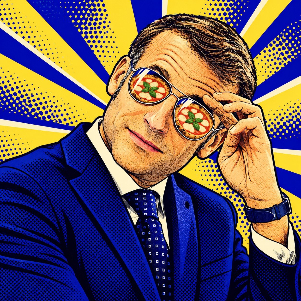 Caricature pop avec des pizzas dans les lunettes de soleil