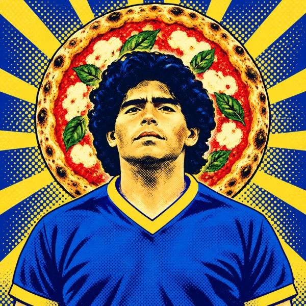 Portrait pop de Maradona avec une pizza en arrière-plan