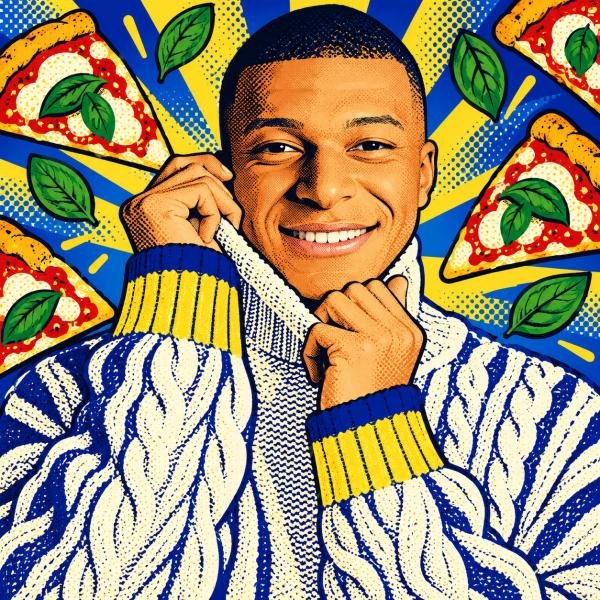 Portrait pop illustré de Mbappé dans un décor de pizzas