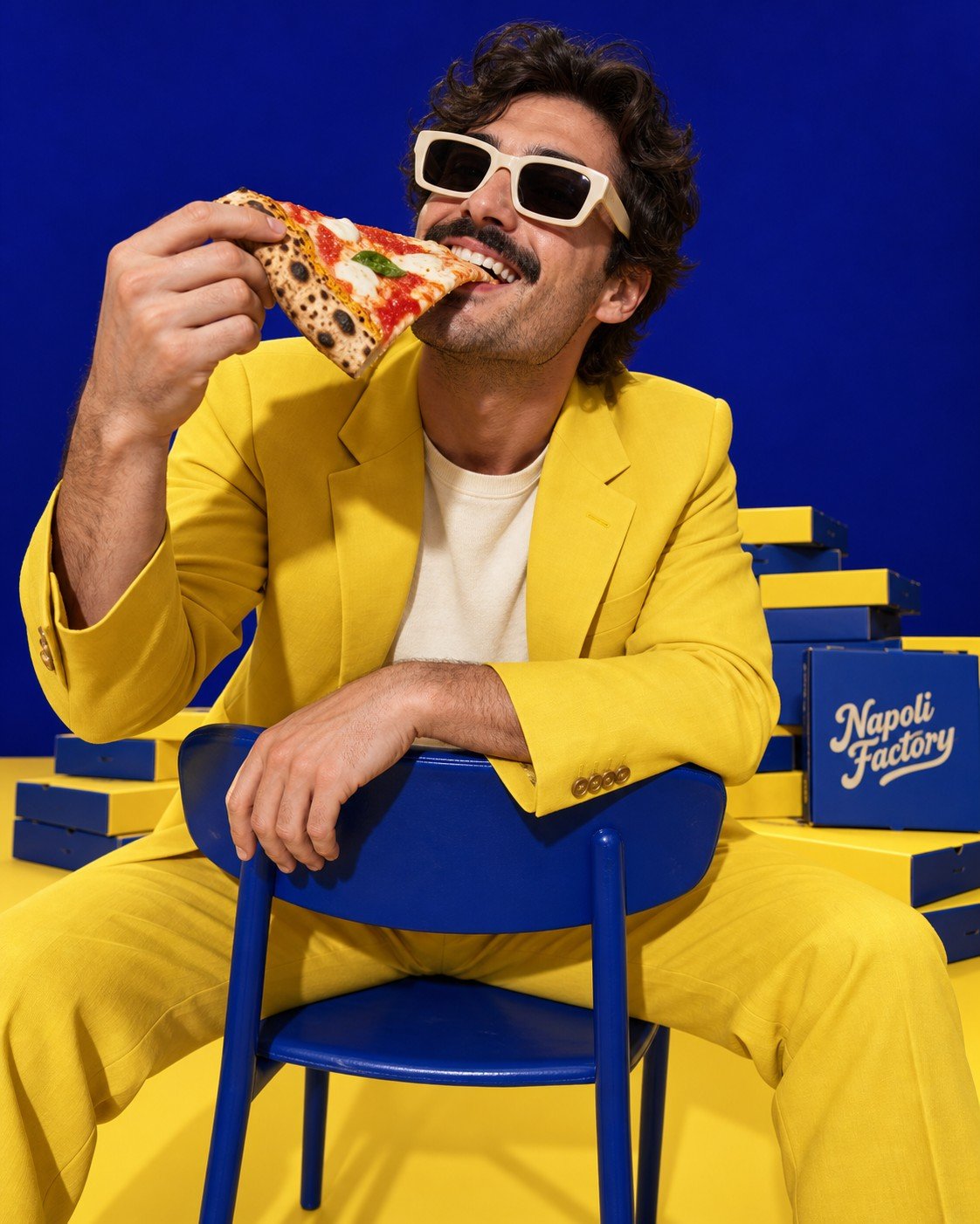 Une part de pizza et un costume jaune