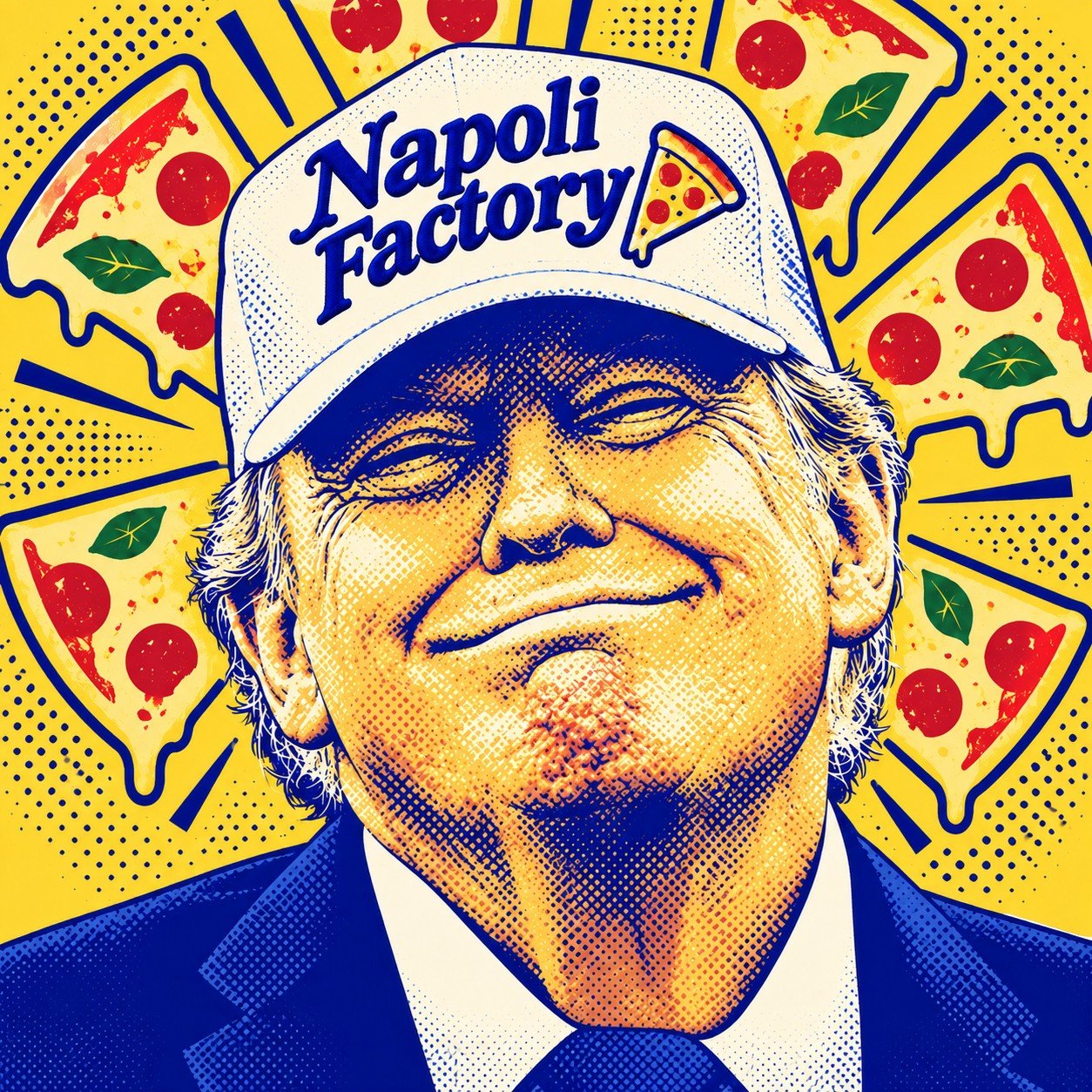 Parodie illustrée de Donald Trump portant une casquette Napoli Factory. Visuel fictif, sans soutien réel de la personnalité.