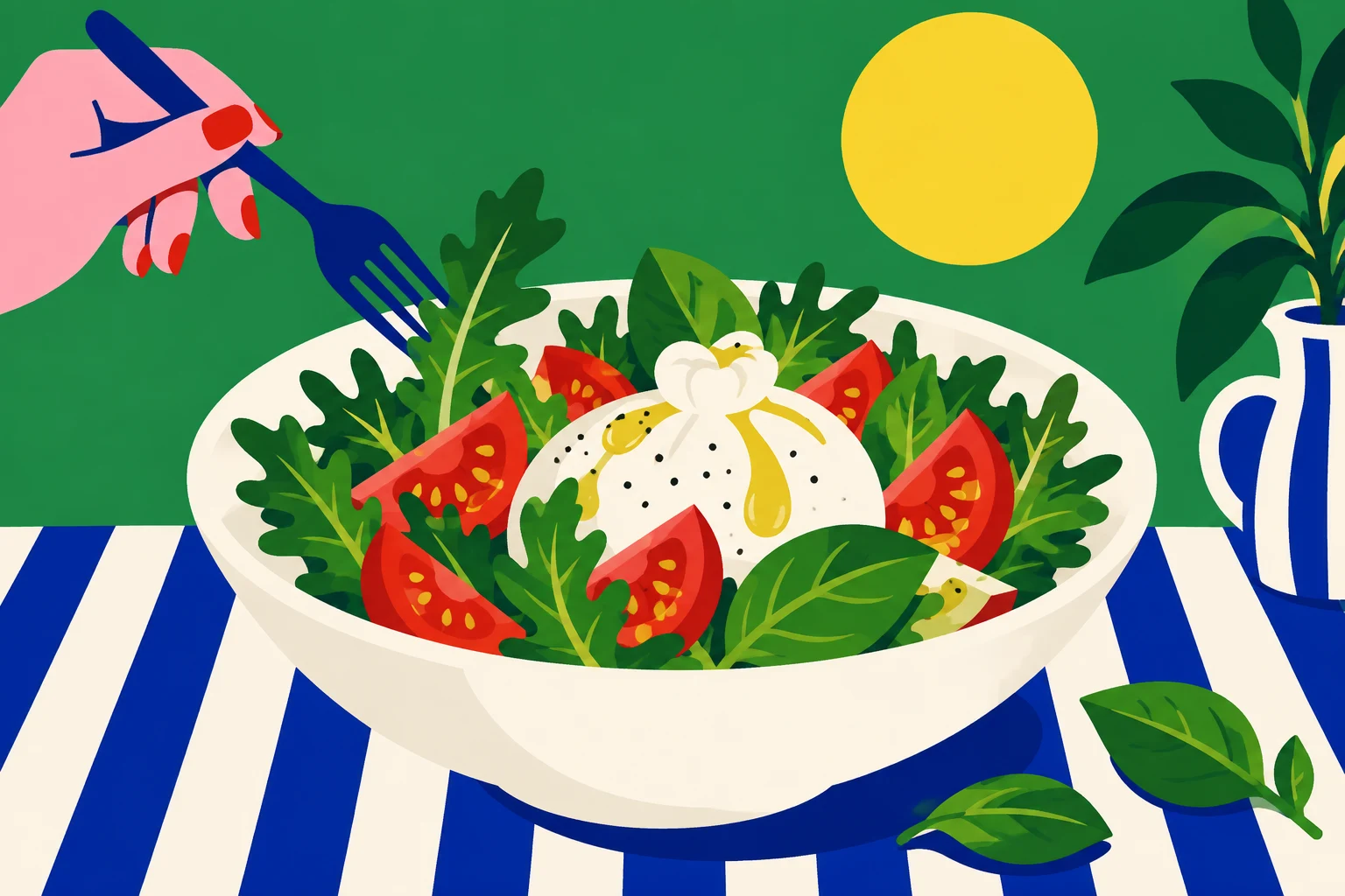 Illustration de burrata, tomates et salade